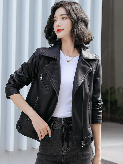 Women's Classic Slim Leather Jacket - Suit Collar Biker Coat