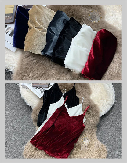 Women Velour Tank Crop Top - Korean Streetwear Camisole