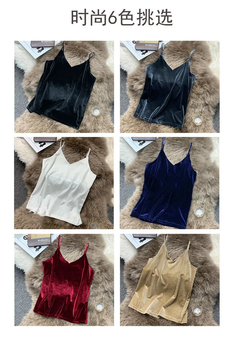 Women Velour Tank Crop Top - Korean Streetwear Camisole