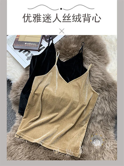 Women Velour Tank Crop Top - Korean Streetwear Camisole