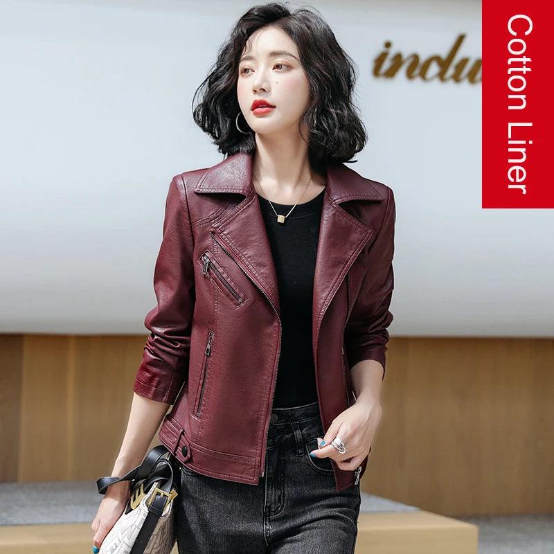 Women's Classic Slim Leather Jacket - Suit Collar Biker Coat