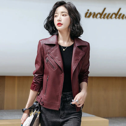 Women's Classic Slim Leather Jacket - Suit Collar Biker Coat