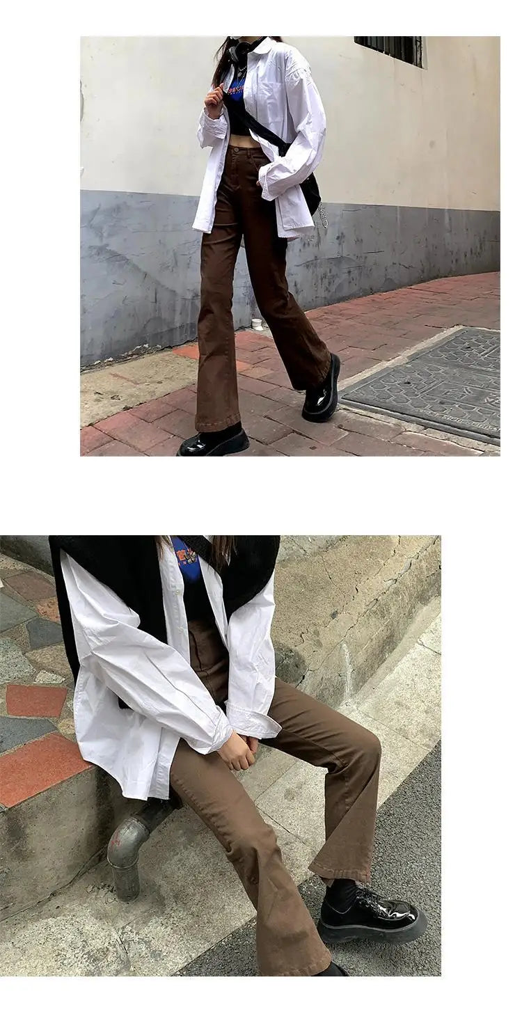 Jeans Women Denim Brown Fashion Boot Cut Spring Autumn High Waist