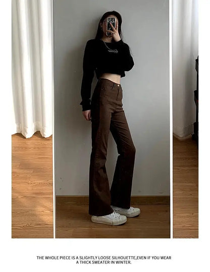 Jeans Women Denim Brown Fashion Boot Cut Spring Autumn High Waist