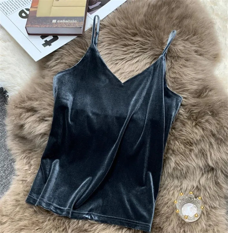 Women Velour Tank Crop Top - Korean Streetwear Camisole