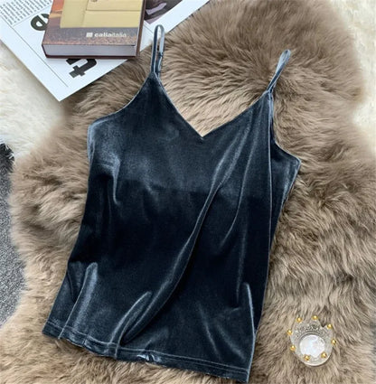Women Velour Tank Crop Top - Korean Streetwear Camisole