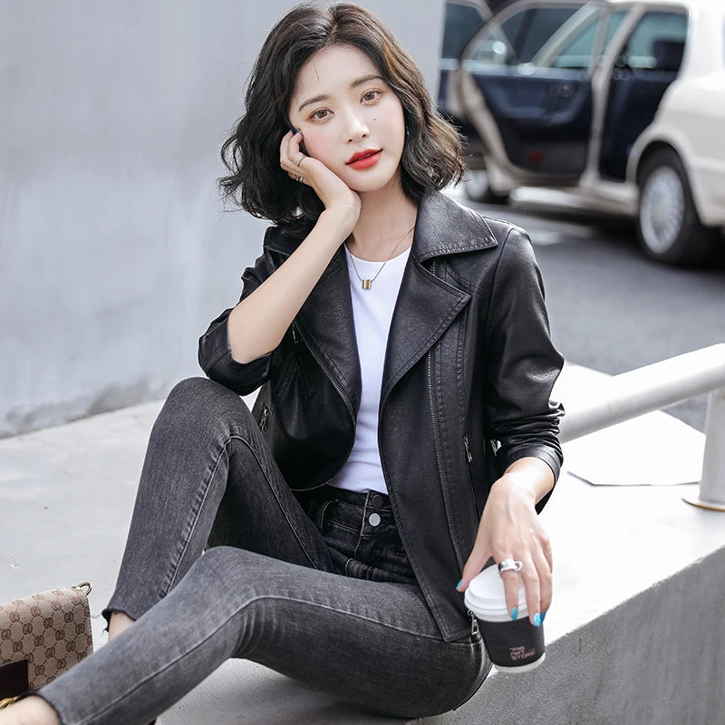 Women's Classic Slim Leather Jacket - Suit Collar Biker Coat