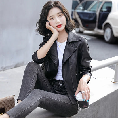 Women's Classic Slim Leather Jacket - Suit Collar Biker Coat