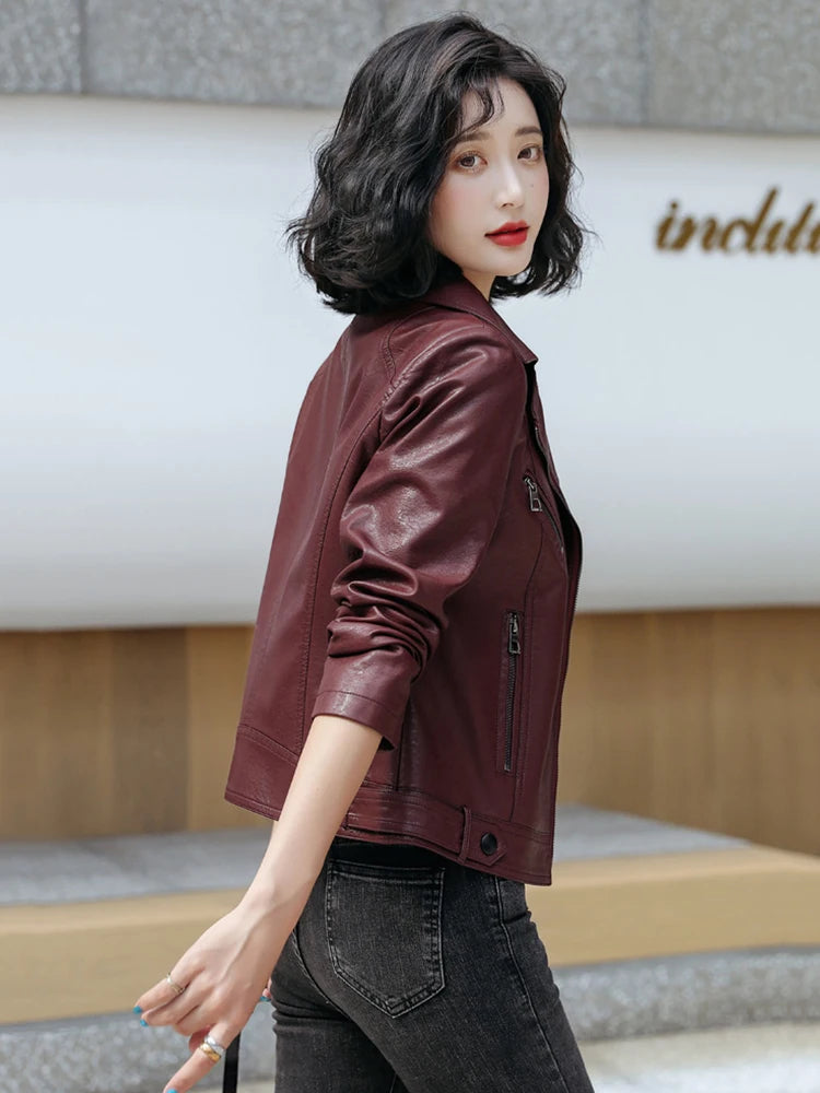 Women's Classic Slim Leather Jacket - Suit Collar Biker Coat