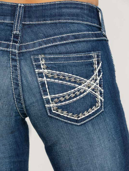 European American Fashion Embroidery Double Waisted Straight Leg Jeans
