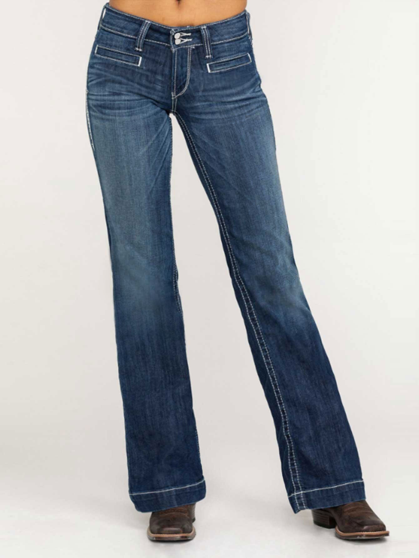 European American Fashion Embroidery Double Waisted Straight Leg Jeans