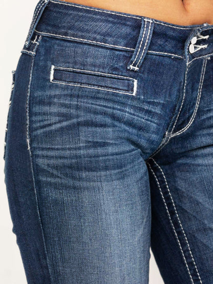 European American Fashion Embroidery Double Waisted Straight Leg Jeans