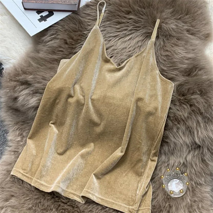 Women Velour Tank Crop Top - Korean Streetwear Camisole