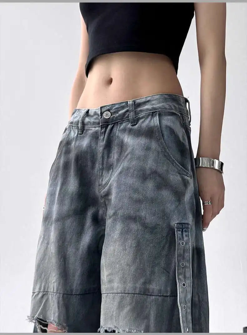 Women Jeans American High Street Ripped Straight Wide-Leg