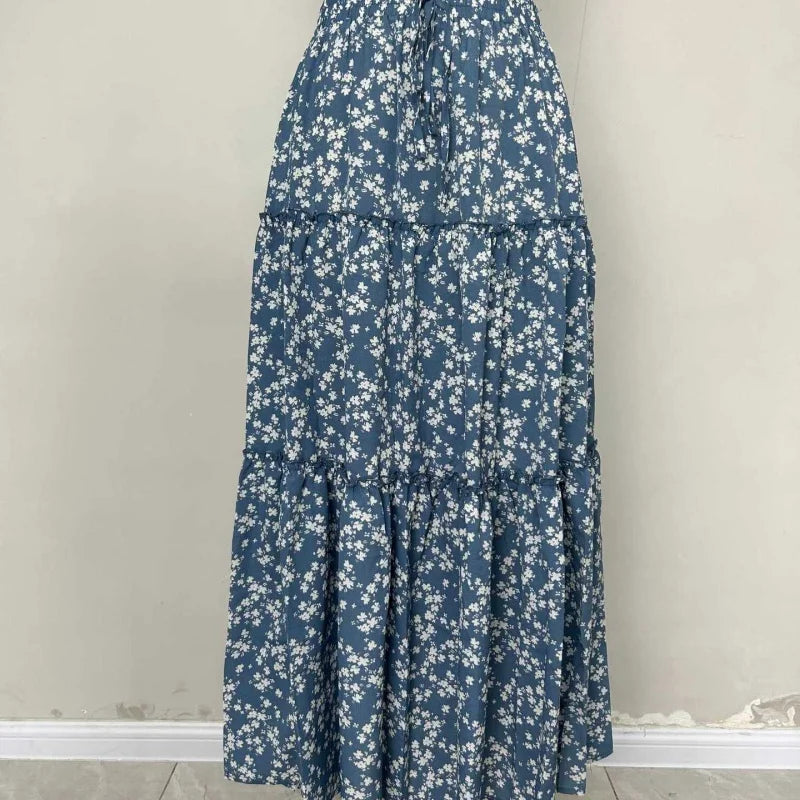 Casual Flower Print Long Skirt - High Waist Maxi Skirt