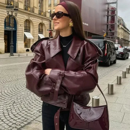 Casual Street Leather Jacket Women Solid Lapel Long Sleeved Belt Crop Female Coats 2025 Autumn Y2k Fashion Loose Pu Outwear Lady