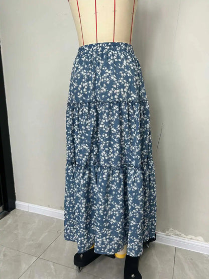 Casual Flower Print Long Skirt - High Waist Maxi Skirt