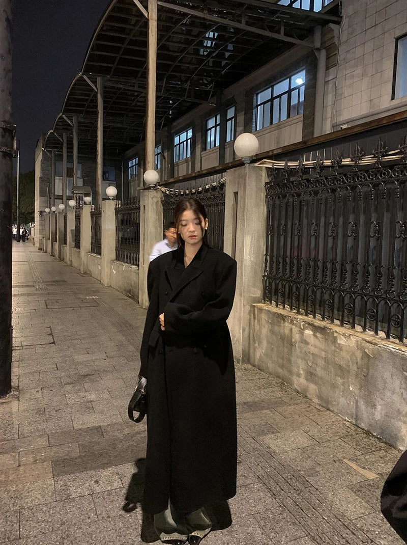 Women's Y2K Faux Wool Coat - Double Breasted Winter Jacket