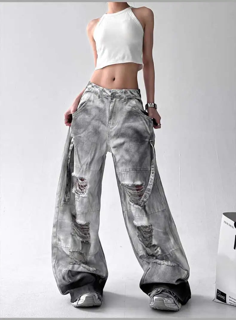 Women Jeans American High Street Ripped Straight Wide-Leg