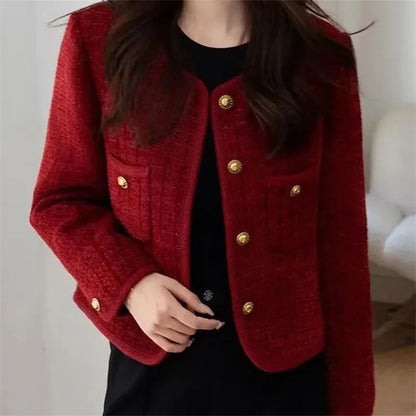 Women's Jacket 2026 Spring Autumn Red Tweed Small Fragrance