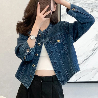 Vintage Women's O-Neck Denim Jacket Y2K