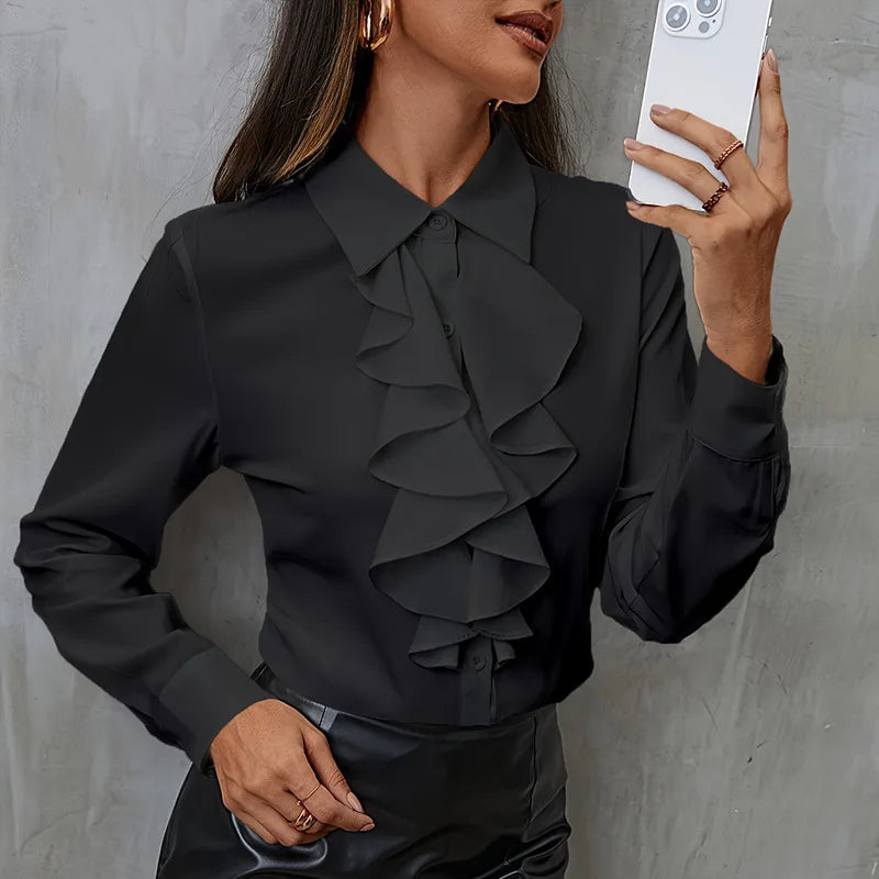 Elegant Women Blouse Ruffled Long Sleeve Office Shirt