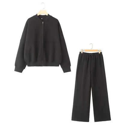 HH Women's Fall 2-Piece Retro Bomber Jacket + Wide Leg Pants Streetwear