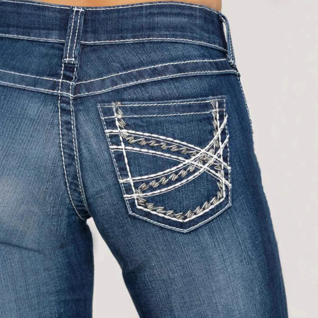 European American Fashion Embroidery Double Waisted Straight Leg Jeans