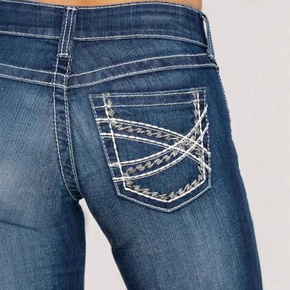 European American Fashion Embroidery Double Waisted Straight Leg Jeans