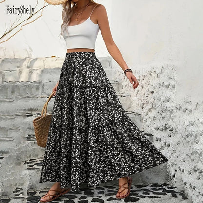 Casual Flower Print Long Skirt - High Waist Maxi Skirt