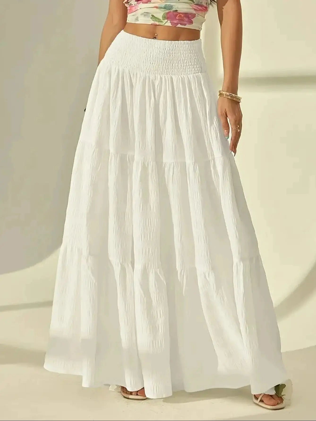 Women's Fashion Tiered Maxi Skirt - Elastic Waist Long Skirt