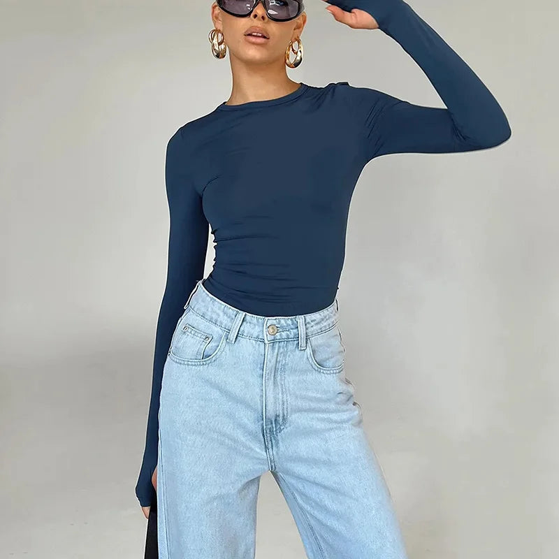 Moda Qadın T-shirt Uzunqol Dəyirmi Yaxa Bütün Rəngli Dar Kəsim Qadın Krop Top Baş Barmaq Deşikli Gündəlik Küçə Geyimi Yay Kamisolu Üçün