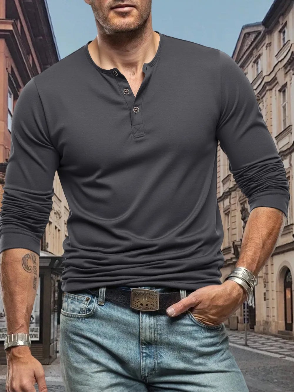 Men's Henley Slim Fit Sports Long Sleeve T-Shirt