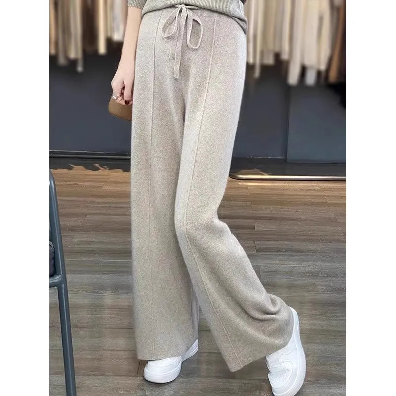 Women Pants Full Length Elastic Waist Knitted Wide Leg