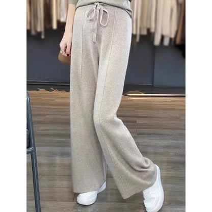 Women Pants Full Length Elastic Waist Knitted Wide Leg