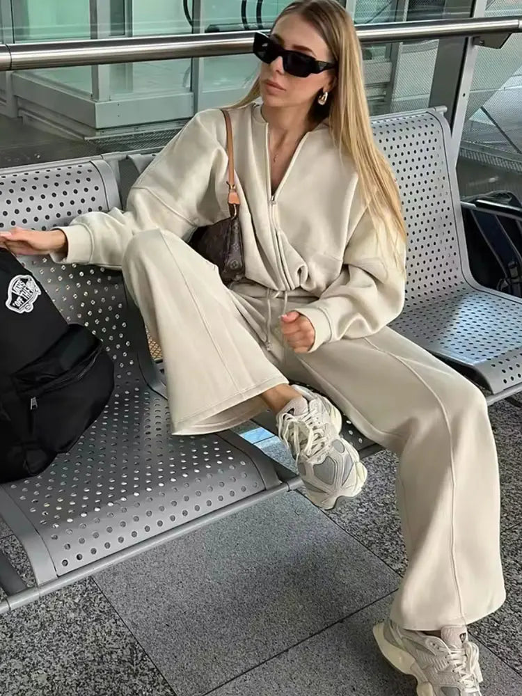 HH Women's Fall 2-Piece Retro Bomber Jacket + Wide Leg Pants Streetwear
