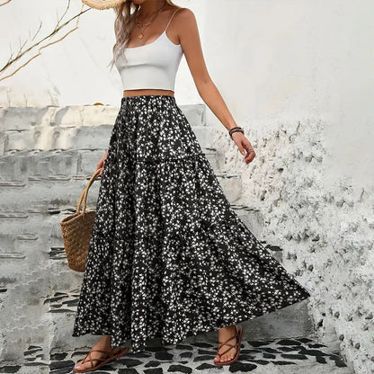Casual Flower Print Long Skirt - High Waist Maxi Skirt