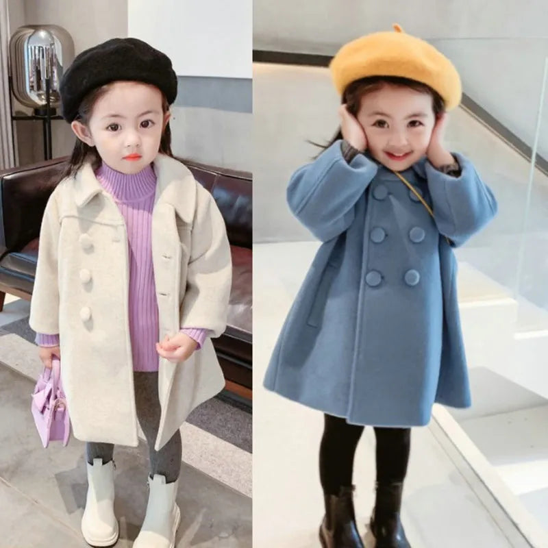 Girls Tweed Coat - Mid-Length Padded Double-Breasted Winter