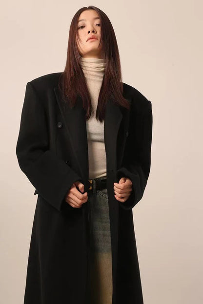 Women's Y2K Faux Wool Coat - Double Breasted Winter Jacket