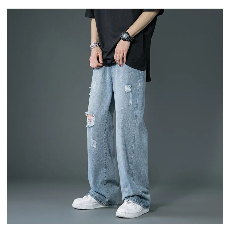 Ripped Jeans Men Ins Trendy - Straight Leg Loose Wide Leg