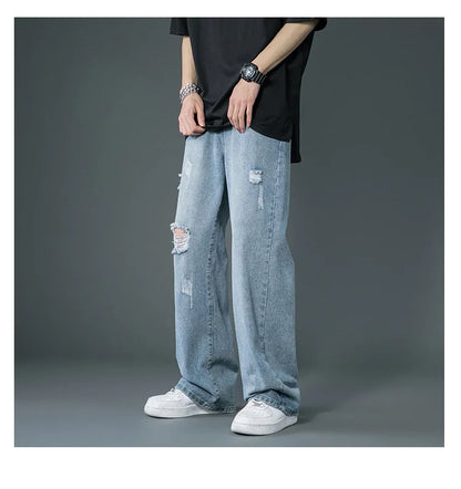 Ripped Jeans Men Ins Trendy - Straight Leg Loose Wide Leg