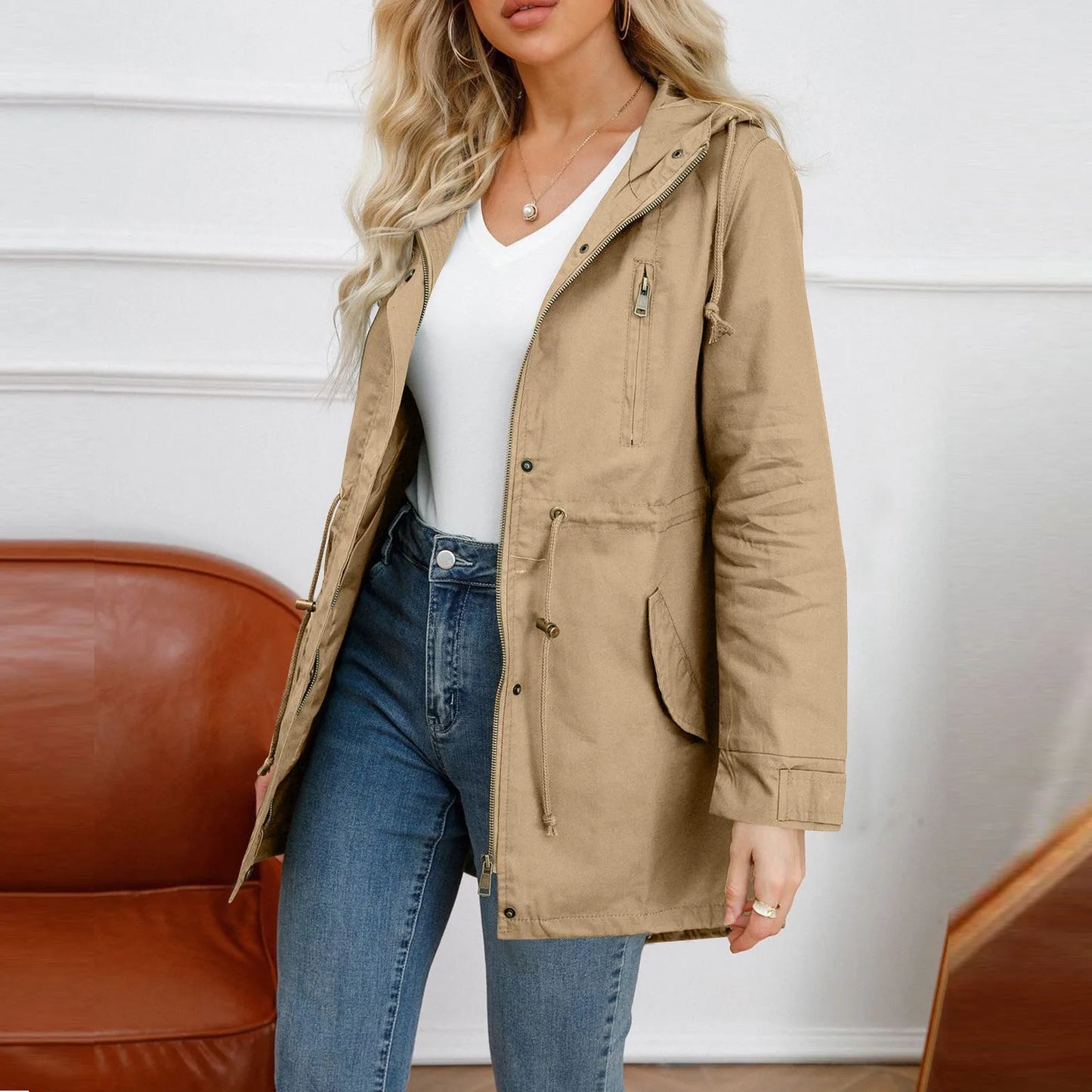 Women Hooded Trench Coat Spring Autumn Outdoor