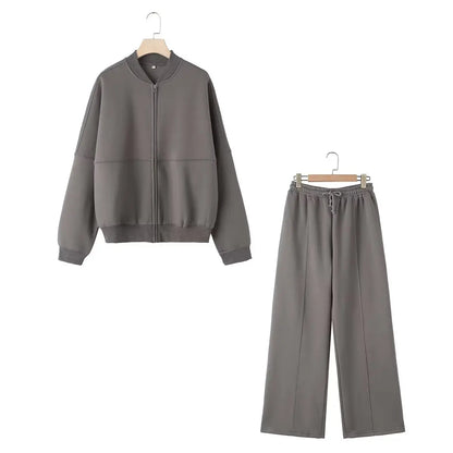 HH Women's Fall 2-Piece Retro Bomber Jacket + Wide Leg Pants Streetwear