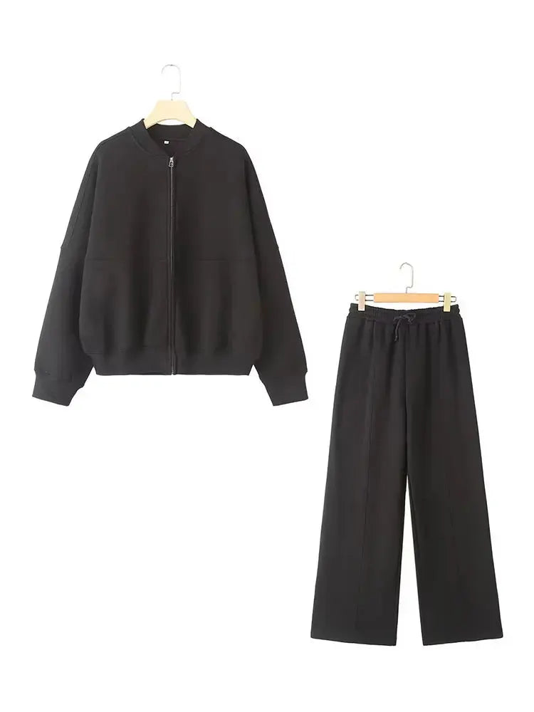 HH Women's Fall 2-Piece Retro Bomber Jacket + Wide Leg Pants Streetwear