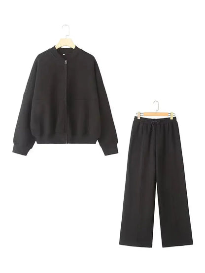 HH Women's Fall 2-Piece Retro Bomber Jacket + Wide Leg Pants Streetwear