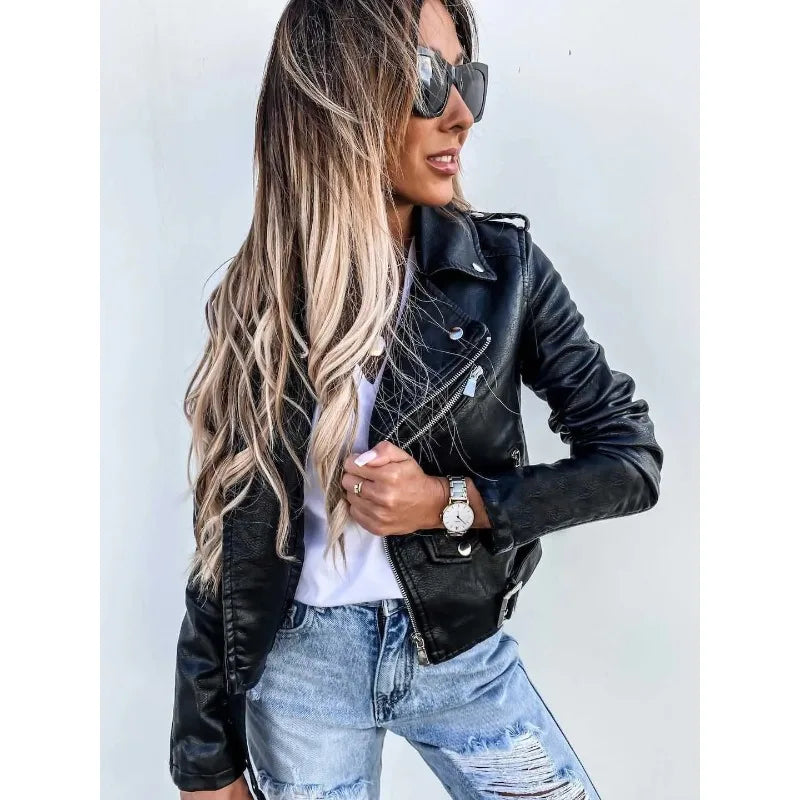 Women's PU Leather Motorcycle Jacket - British Style