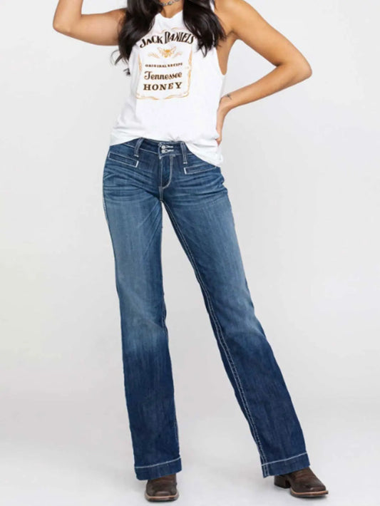 European American Fashion Embroidery Double Waisted Straight Leg Jeans