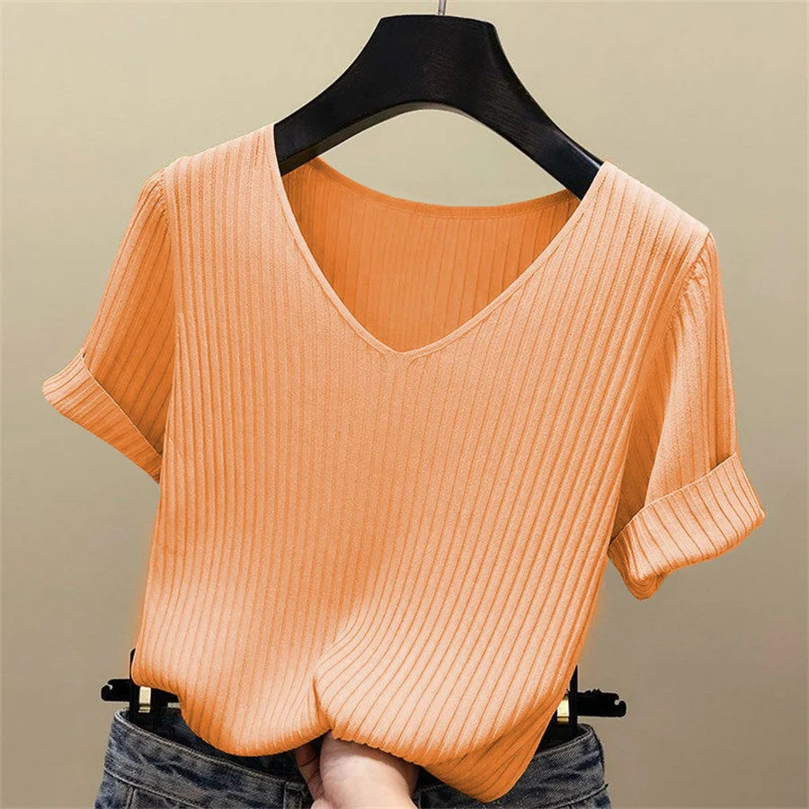 Women's Summer Blouse V-Neck Knitted Short Sleeve Top
