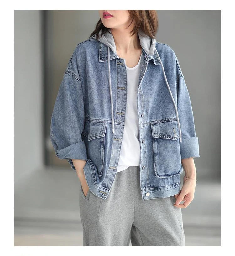 Korean Denim Jacket Women Hooded Vintage
