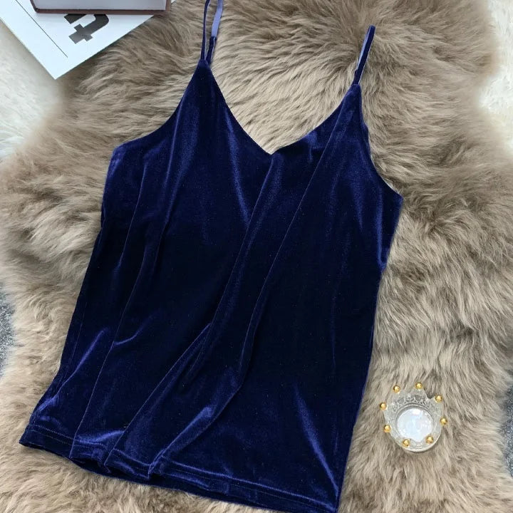 Women Velour Tank Crop Top - Korean Streetwear Camisole